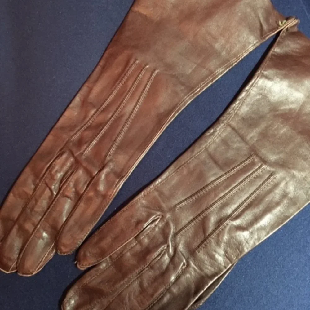 Vintage Dark Brown Leather Thin Dressy Gloves XS 6.5 Petite